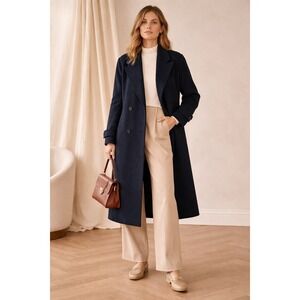 Synergy Navy Blue Wool Cashmere Blend Double Breasted Long Trench Coat Size 6